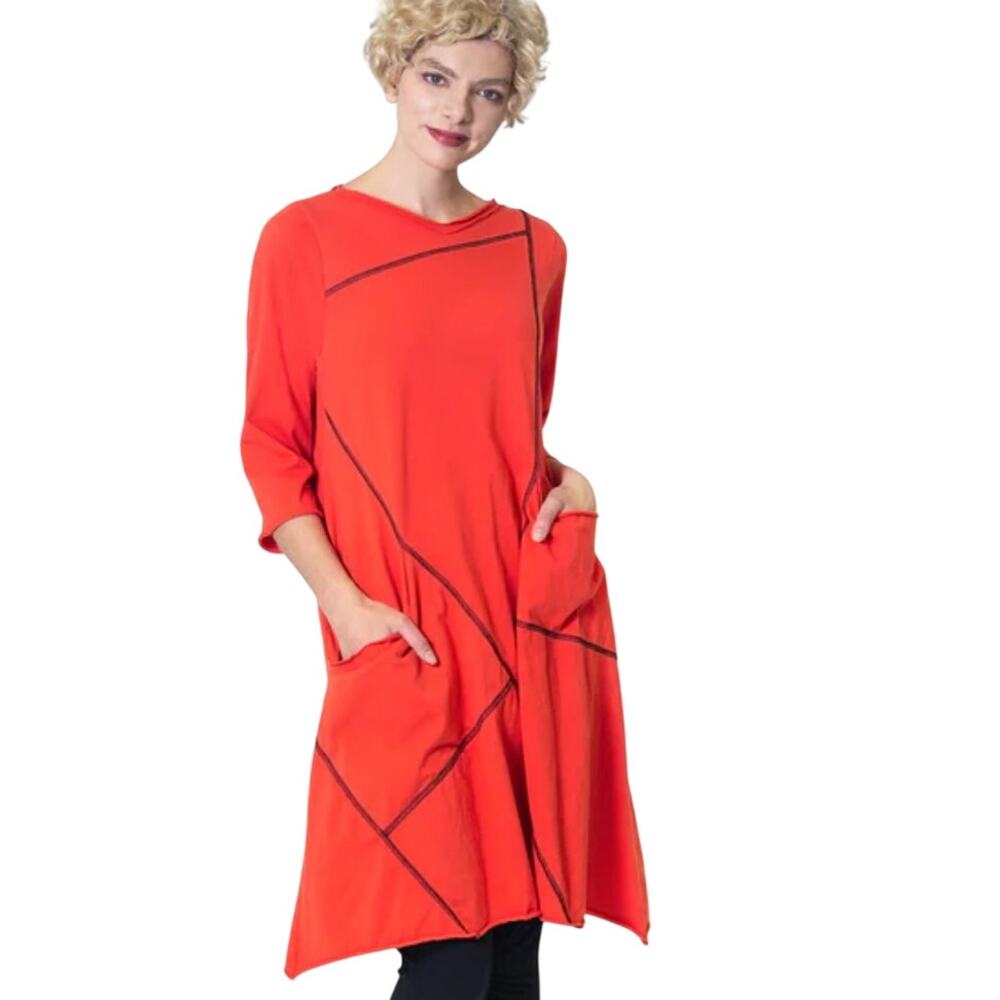 Cynthia Ashby Women's Dress L Wasabi Venn Orange Stitched Detail Lagenlook